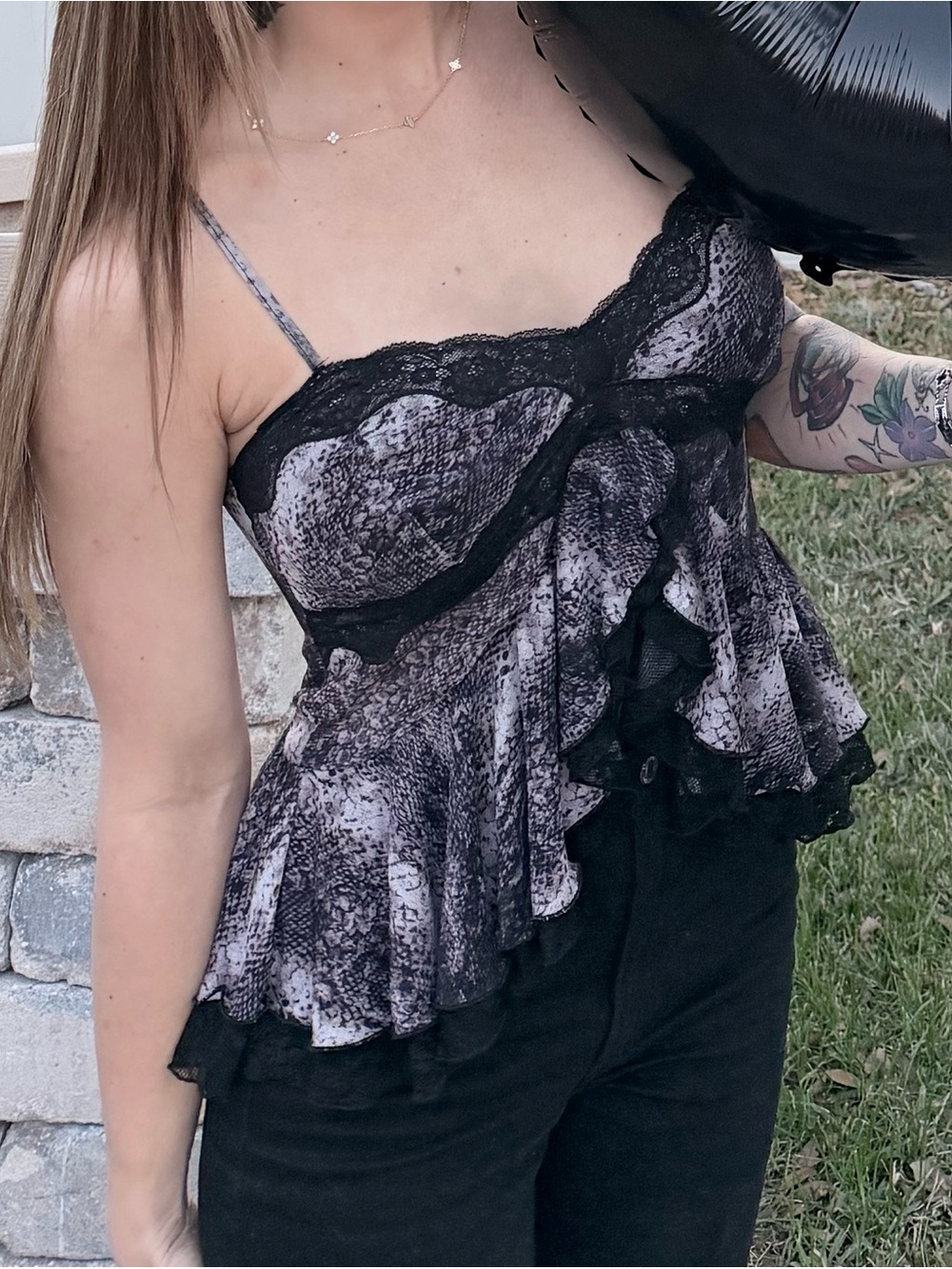 Urban Outfitters Black & Gray Lace-Trim Snake Print Ruffled Tank